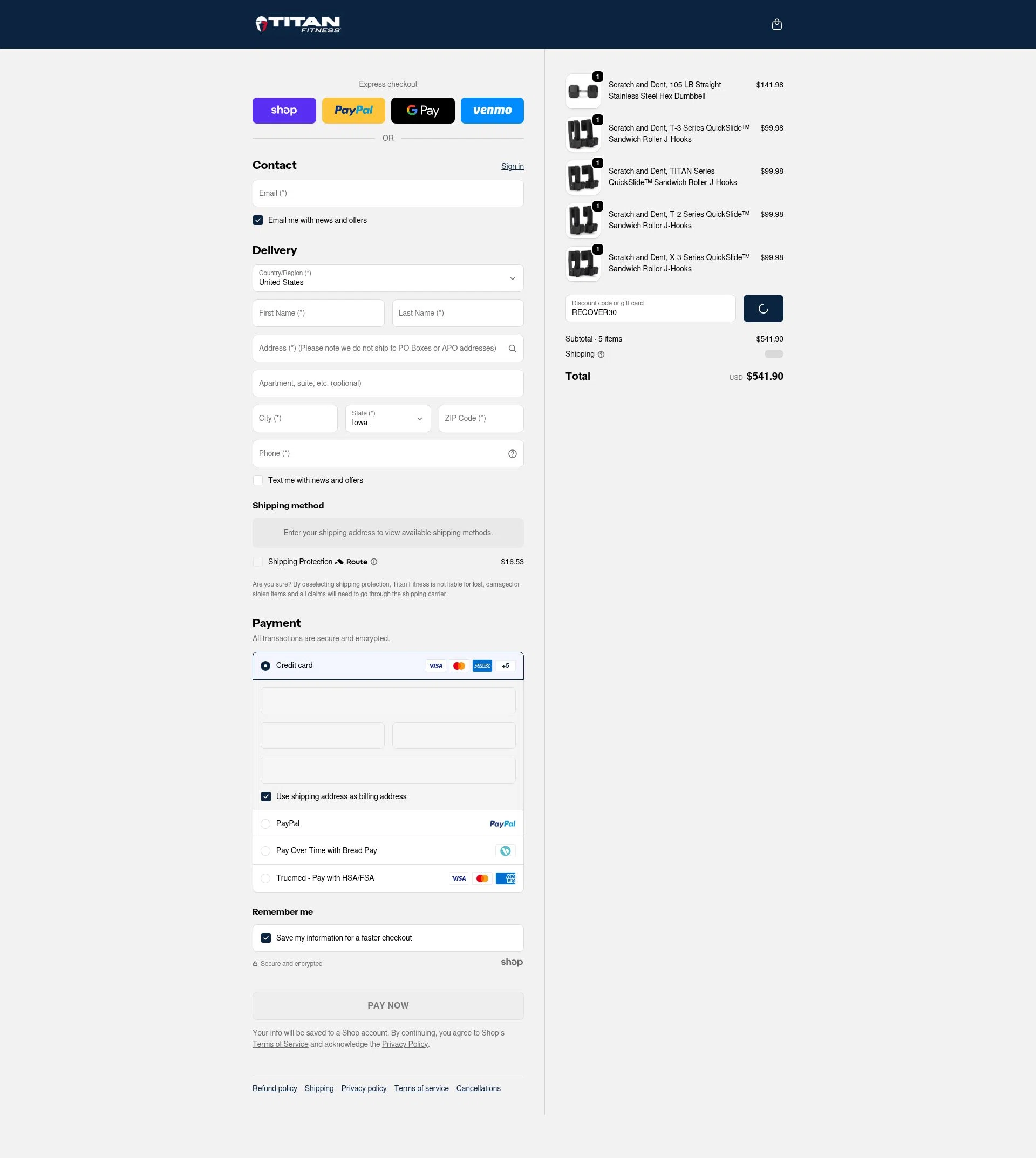 Titan Fitness checkout page showing Titan Fitness discount code box | Screenshot taken by SimplyCodes community member on Jan 28, 2026
