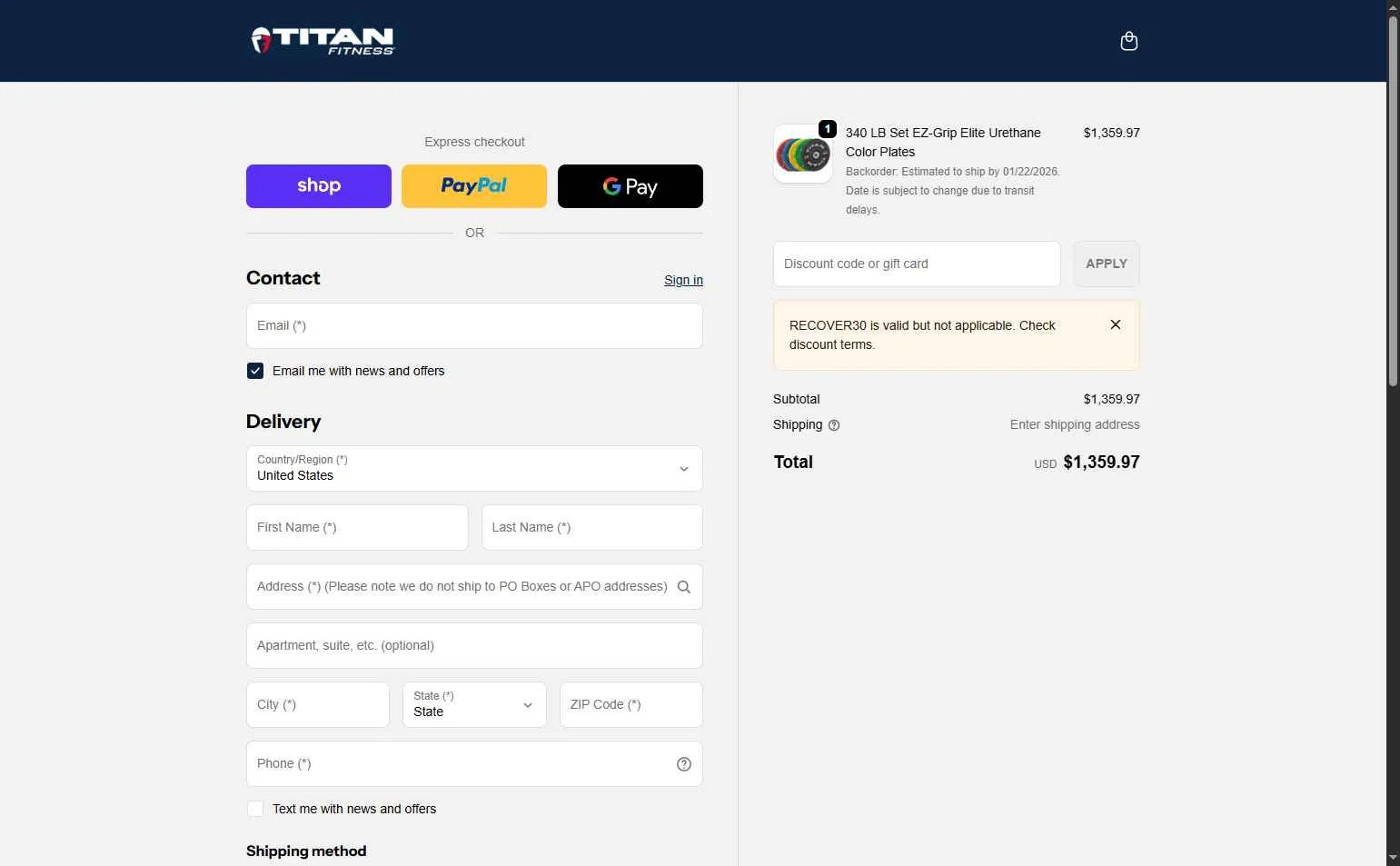 Titan Fitness checkout page showing Titan Fitness discount code box | Screenshot taken by SimplyCodes community member on Dec 23, 2025