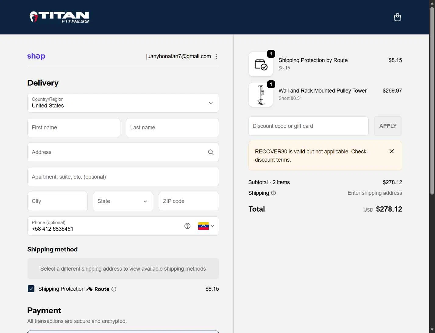 Titan Fitness checkout page showing Titan Fitness discount code box | Screenshot taken by SimplyCodes community member on Feb 2, 2026