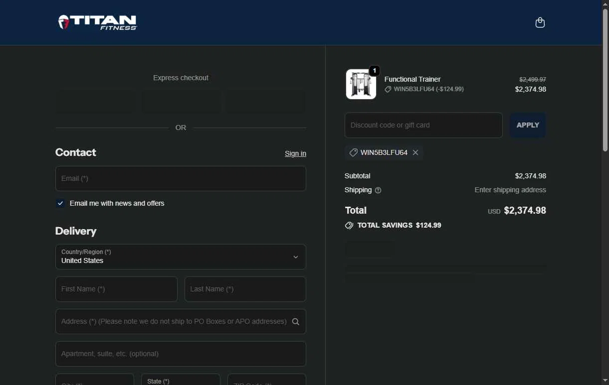 Titan Fitness checkout page showing Titan Fitness discount code box | Screenshot taken by SimplyCodes community member on Jan 9, 2026