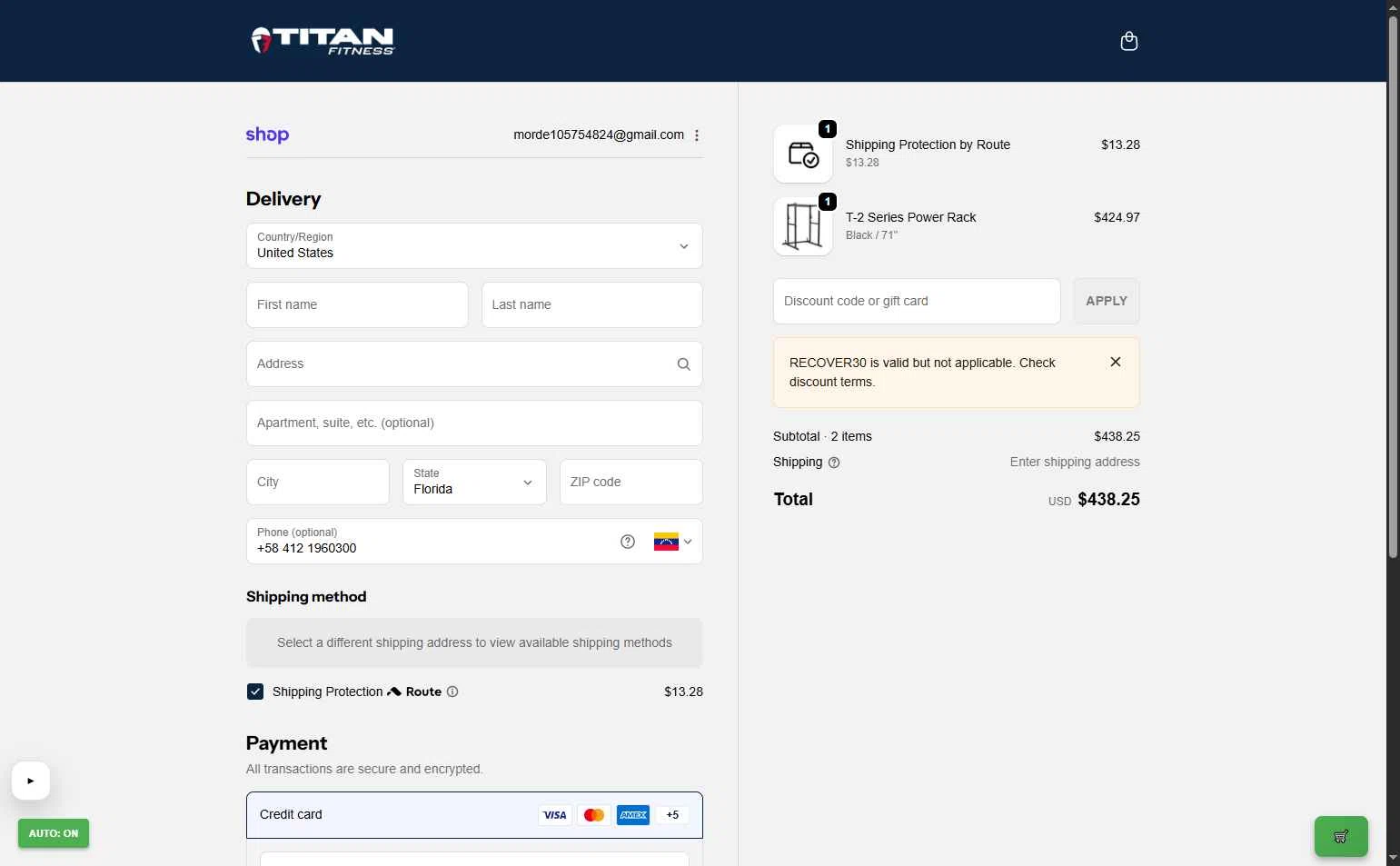 Titan Fitness checkout page showing Titan Fitness discount code box | Screenshot taken by SimplyCodes community member on Jan 9, 2026
