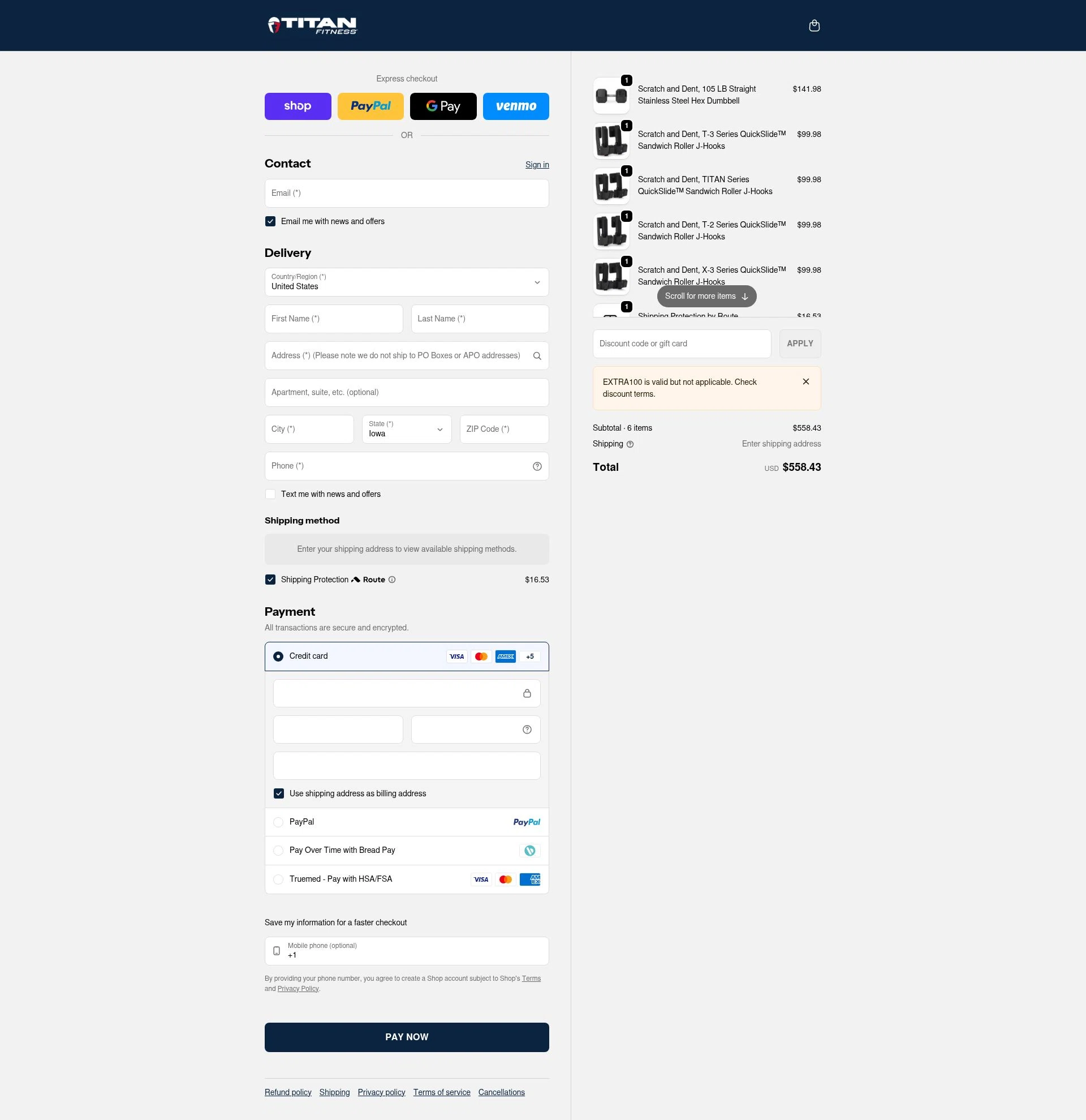 Titan Fitness checkout page showing Titan Fitness discount code box | Screenshot taken by SimplyCodes community member on Feb 6, 2026
