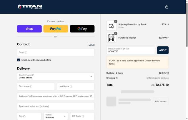 Titan Fitness checkout page showing Titan Fitness discount code box | Screenshot taken by SimplyCodes community member on Sep 4, 2025