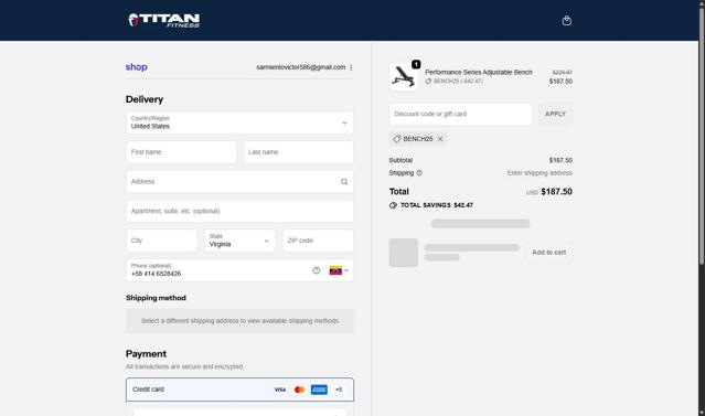 Titan Fitness checkout page showing Titan Fitness discount code box | Screenshot taken by SimplyCodes community member on Oct 2, 2025