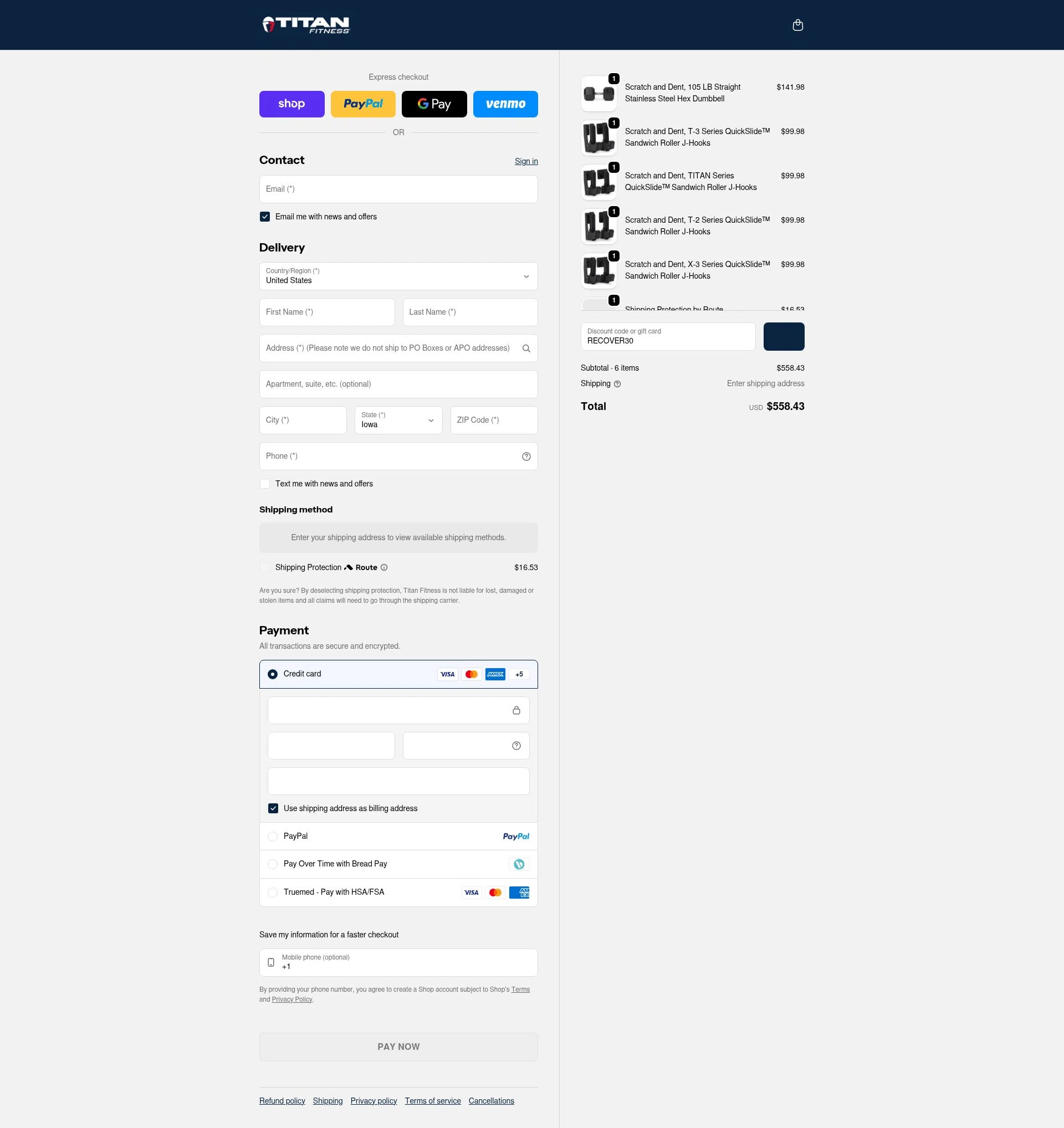 Titan Fitness checkout page showing Titan Fitness discount code box | Screenshot taken by SimplyCodes community member on Feb 1, 2026