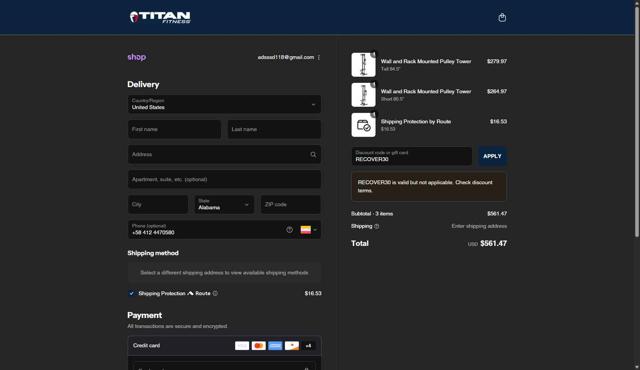 Titan Fitness checkout page showing Titan Fitness discount code box | Screenshot taken by SimplyCodes community member on Sep 6, 2025