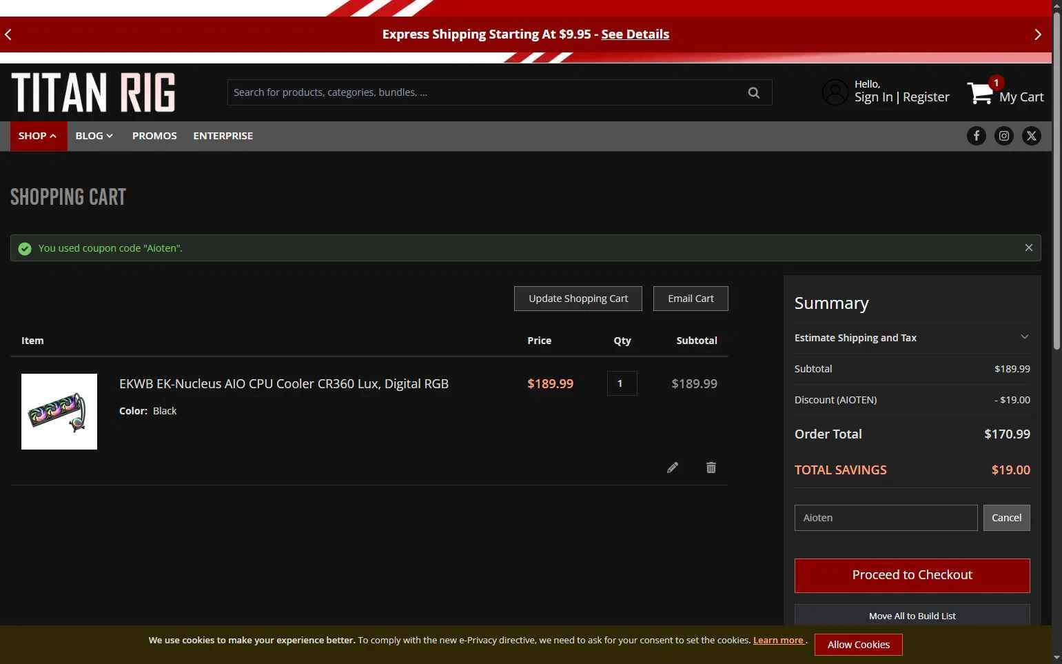 Titan Rig checkout page showing Titan Rig promo code box | Screenshot taken by SimplyCodes community member on Dec 20, 2025