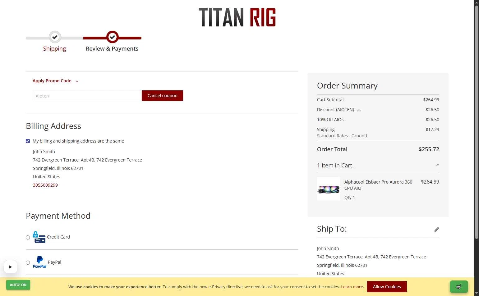 Titan Rig checkout page showing Titan Rig promo code box | Screenshot taken by SimplyCodes community member on Jan 18, 2026