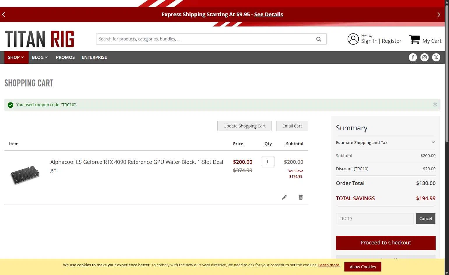 Titan Rig checkout page showing Titan Rig promo code box | Screenshot taken by SimplyCodes community member on Dec 30, 2025