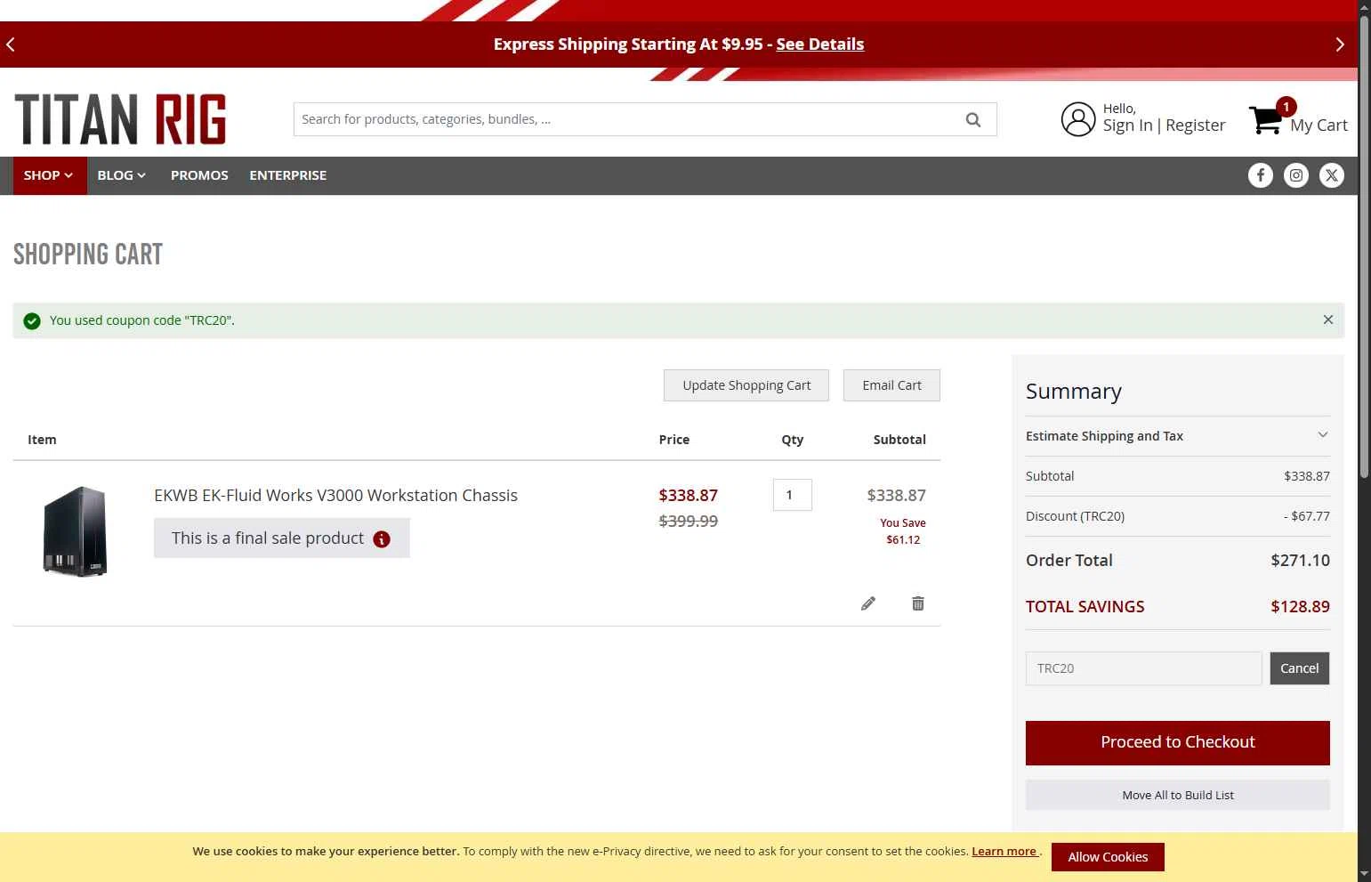 Titan Rig checkout page showing Titan Rig promo code box | Screenshot taken by SimplyCodes community member on Dec 21, 2025