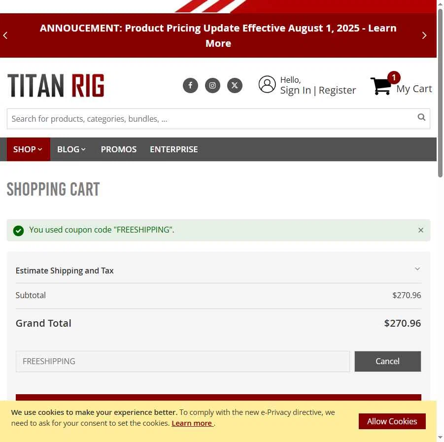 Titan Rig checkout page showing Titan Rig promo code box | Screenshot taken by SimplyCodes community member on Dec 6, 2025