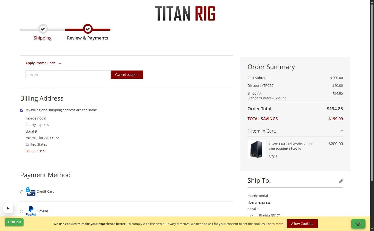 Titan Rig checkout page showing Titan Rig promo code box | Screenshot taken by SimplyCodes community member on Jan 18, 2026