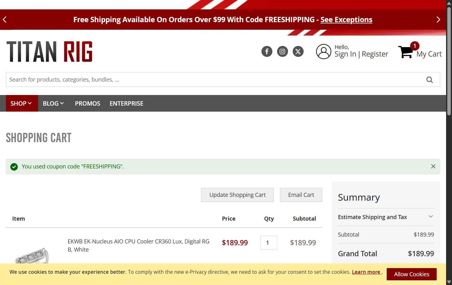 Titan Rig checkout page showing Titan Rig promo code box | Screenshot taken by SimplyCodes community member on Jan 4, 2026