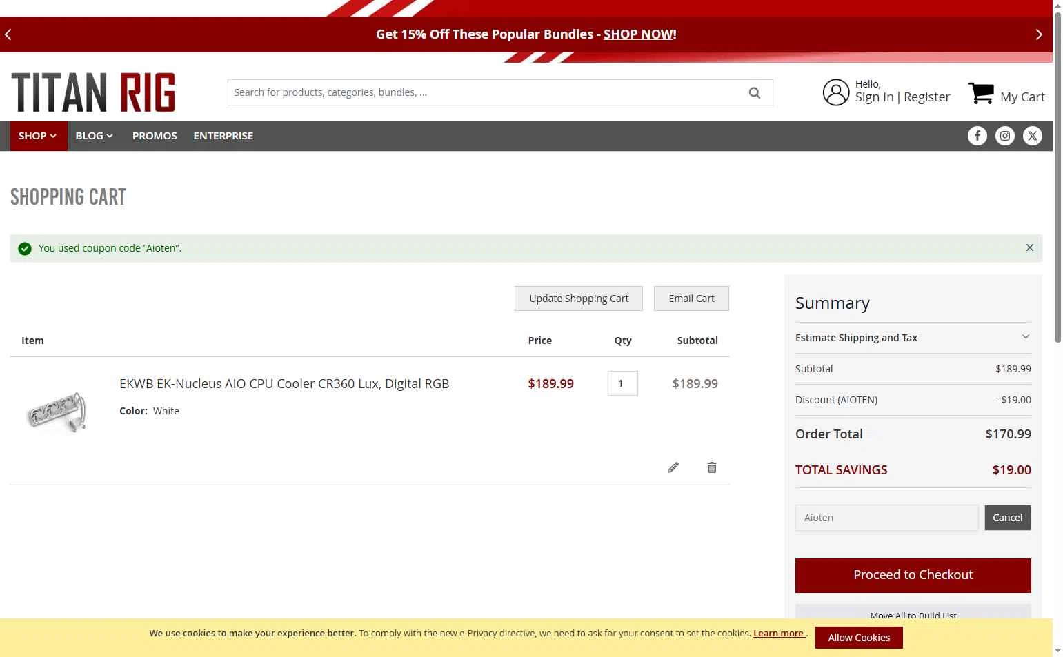 Titan Rig checkout page showing Titan Rig promo code box | Screenshot taken by SimplyCodes community member on Nov 21, 2025