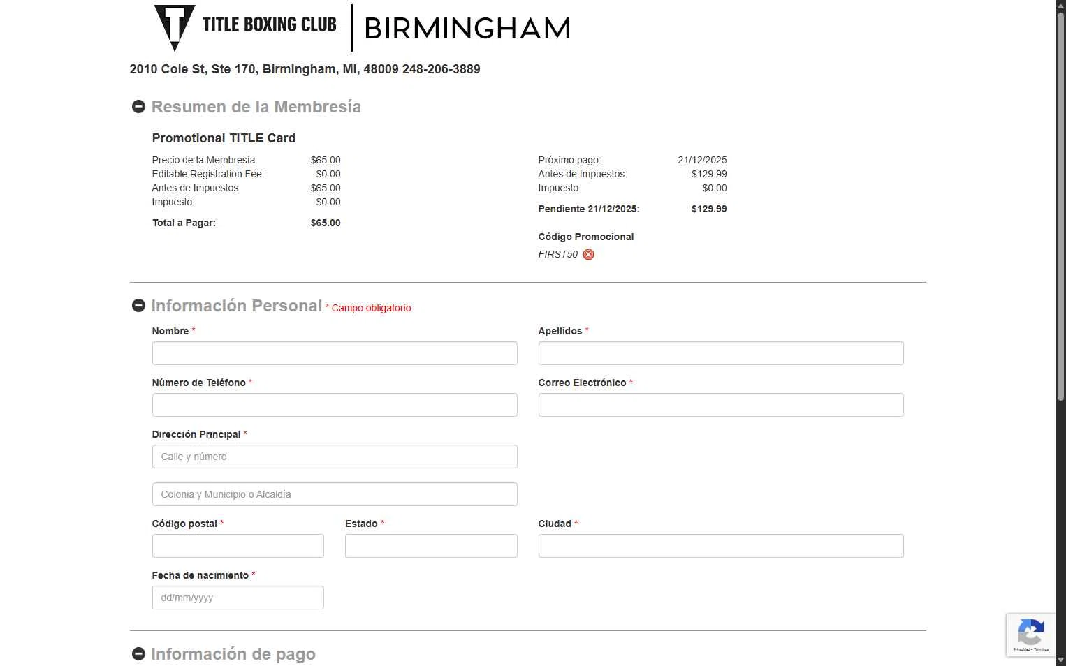 Title Boxing Club checkout page showing Title Boxing Club promo code box | Screenshot taken by SimplyCodes community member on Nov 21, 2025