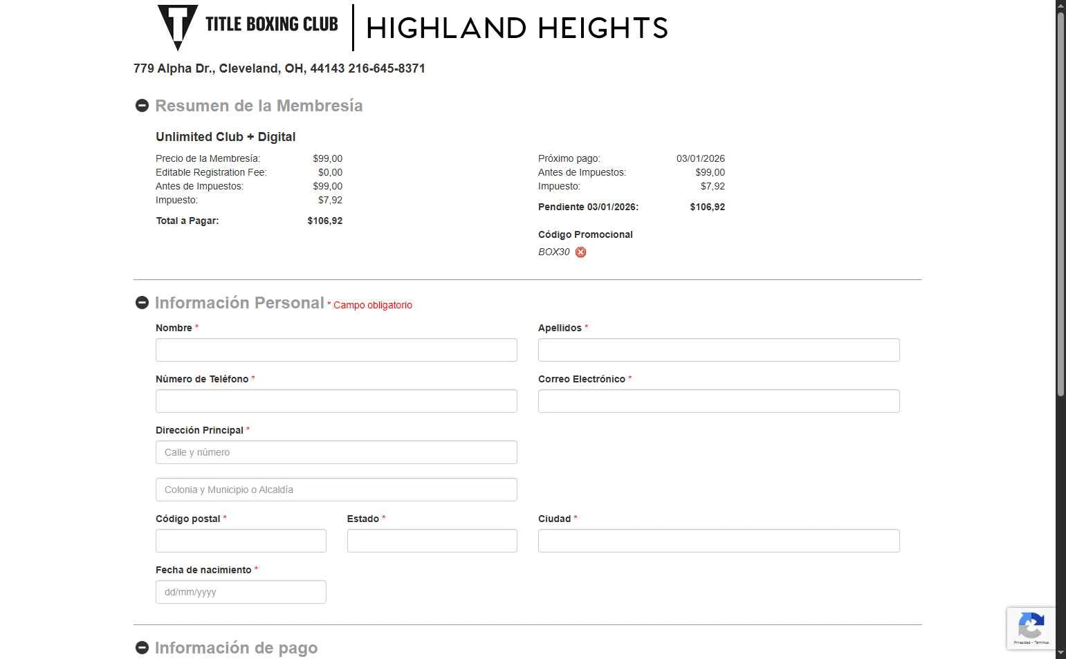 Title Boxing Club checkout page showing Title Boxing Club promo code box | Screenshot taken by SimplyCodes community member on Dec 3, 2025