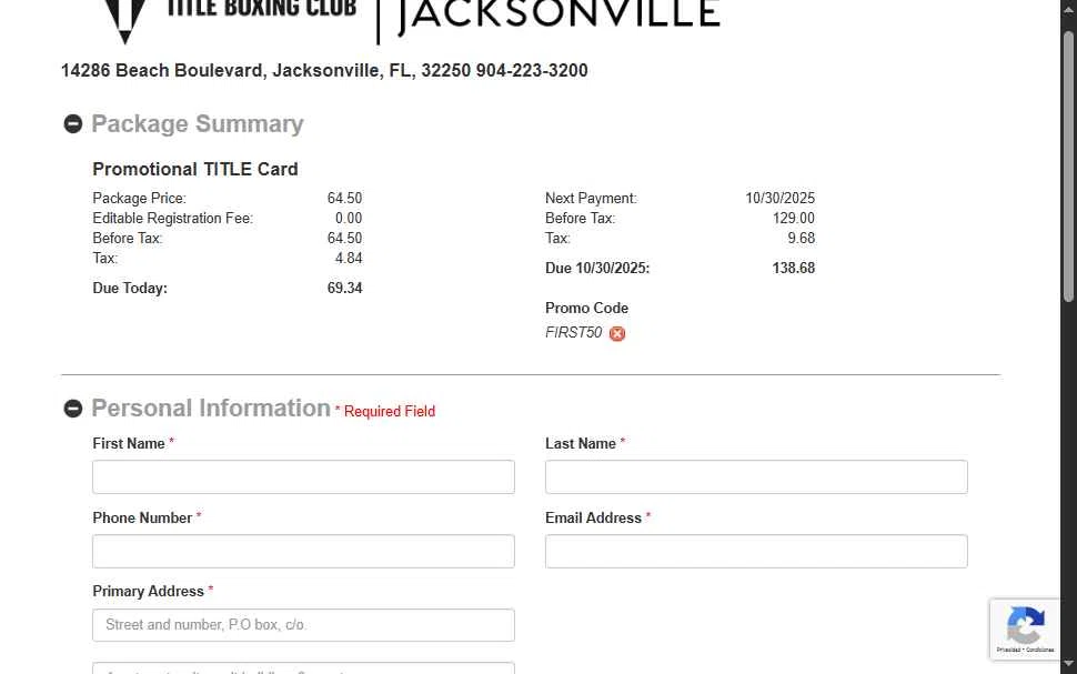 Title Boxing Club checkout page showing Title Boxing Club promo code box | Screenshot taken by SimplyCodes community member on Sep 30, 2025