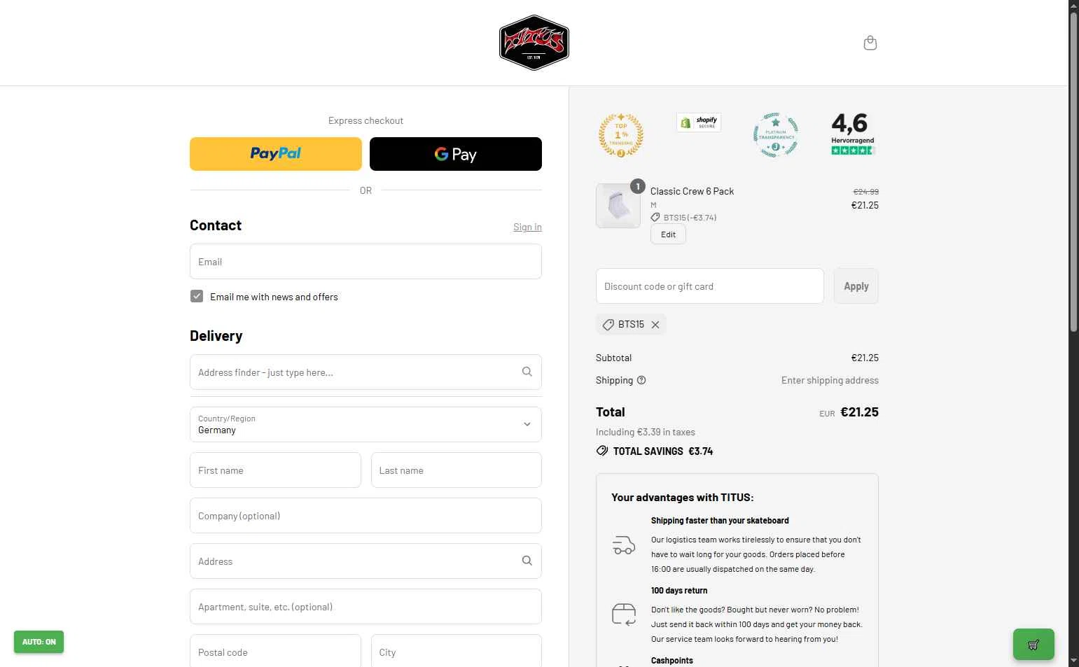 Titus checkout page showing Titus promo code box | Screenshot taken by SimplyCodes community member on Sep 15, 2025