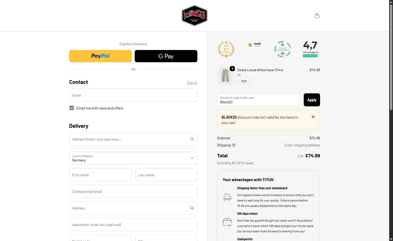 Titus checkout page showing Titus promo code box | Screenshot taken by SimplyCodes community member on Nov 24, 2025