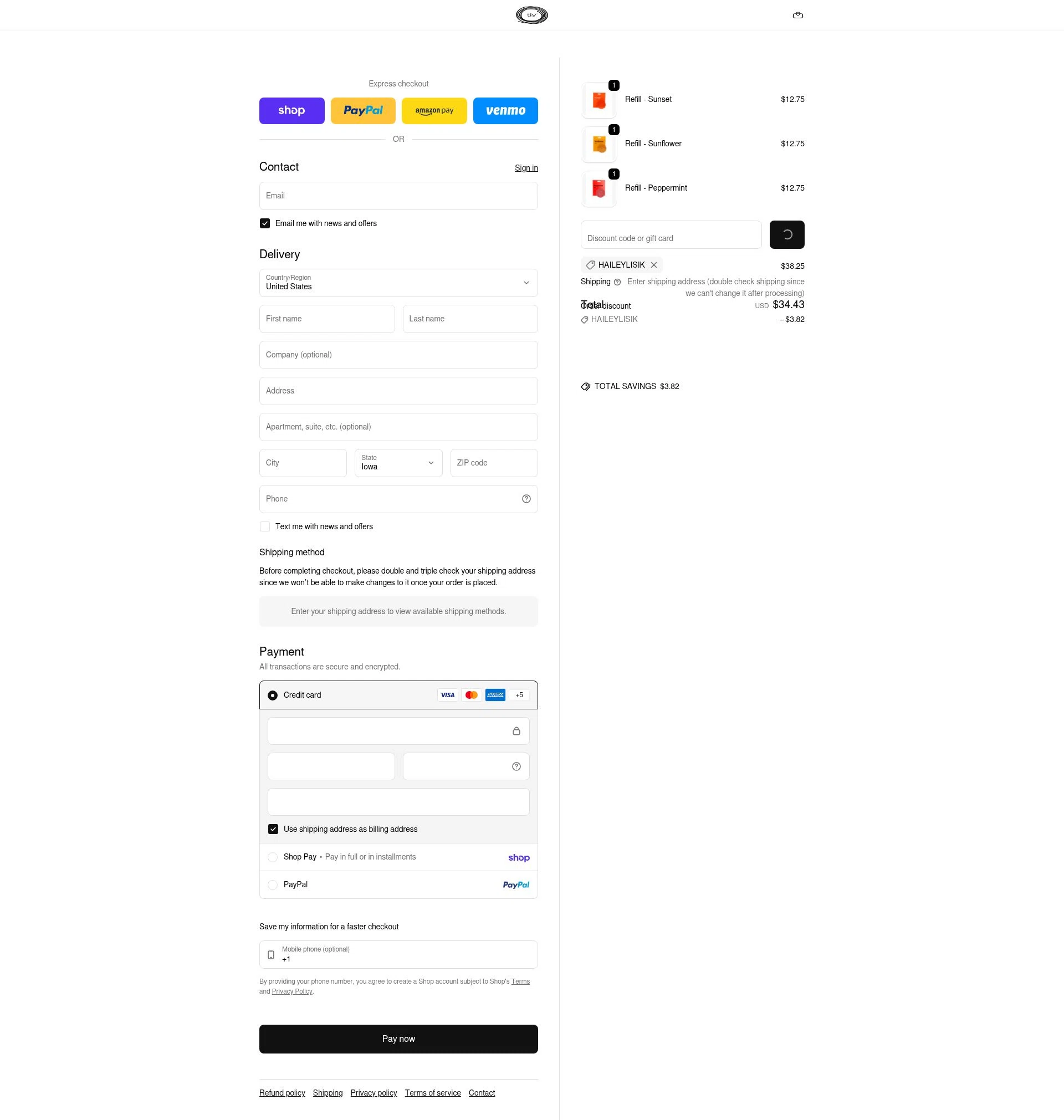 TIY Hair Ties checkout page showing TIY Hair Ties discount code box | Screenshot taken by SimplyCodes community member on Feb 19, 2026