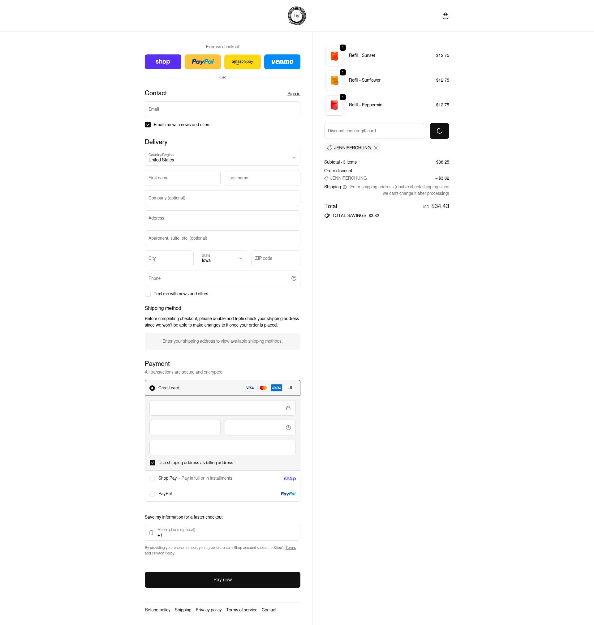 TIY Hair Ties checkout page showing TIY Hair Ties discount code box | Screenshot taken by SimplyCodes community member on Feb 19, 2026