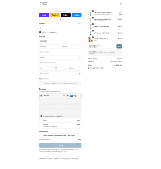 Tizo checkout page showing Tizo discount code box | Screenshot taken by SimplyCodes community member on Sep 9, 2025