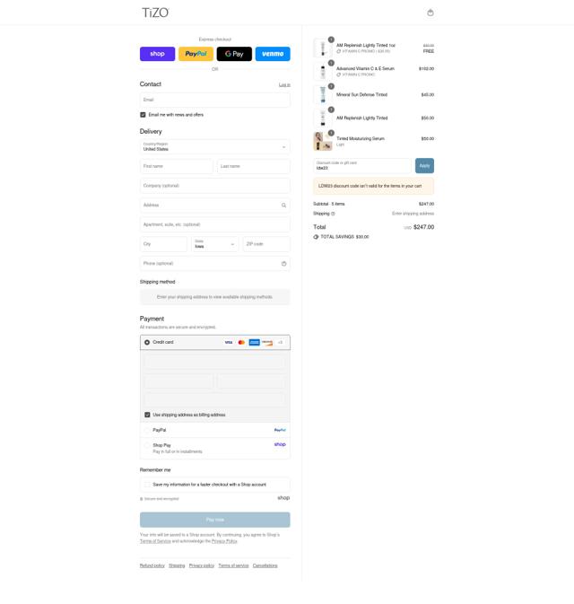 Tizo checkout page showing Tizo discount code box | Screenshot taken by SimplyCodes community member on Sep 9, 2025