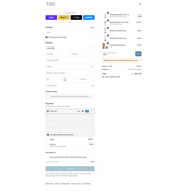 Tizo checkout page showing Tizo discount code box | Screenshot taken by SimplyCodes community member on Sep 12, 2025