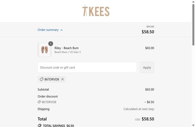 Tkees checkout page showing Tkees promo code box | Screenshot taken by SimplyCodes community member on Sep 9, 2025