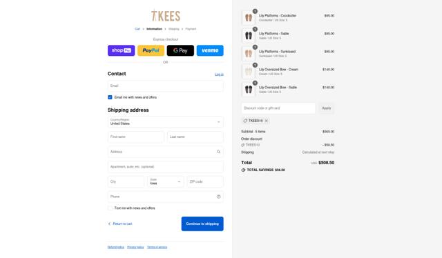 Tkees checkout page showing Tkees promo code box | Screenshot taken by SimplyCodes community member on Aug 21, 2025