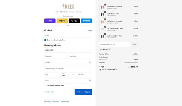 Tkees checkout page showing Tkees promo code box | Screenshot taken by SimplyCodes community member on Sep 3, 2025