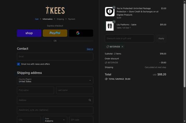 Tkees checkout page showing Tkees promo code box | Screenshot taken by SimplyCodes community member on Sep 9, 2025