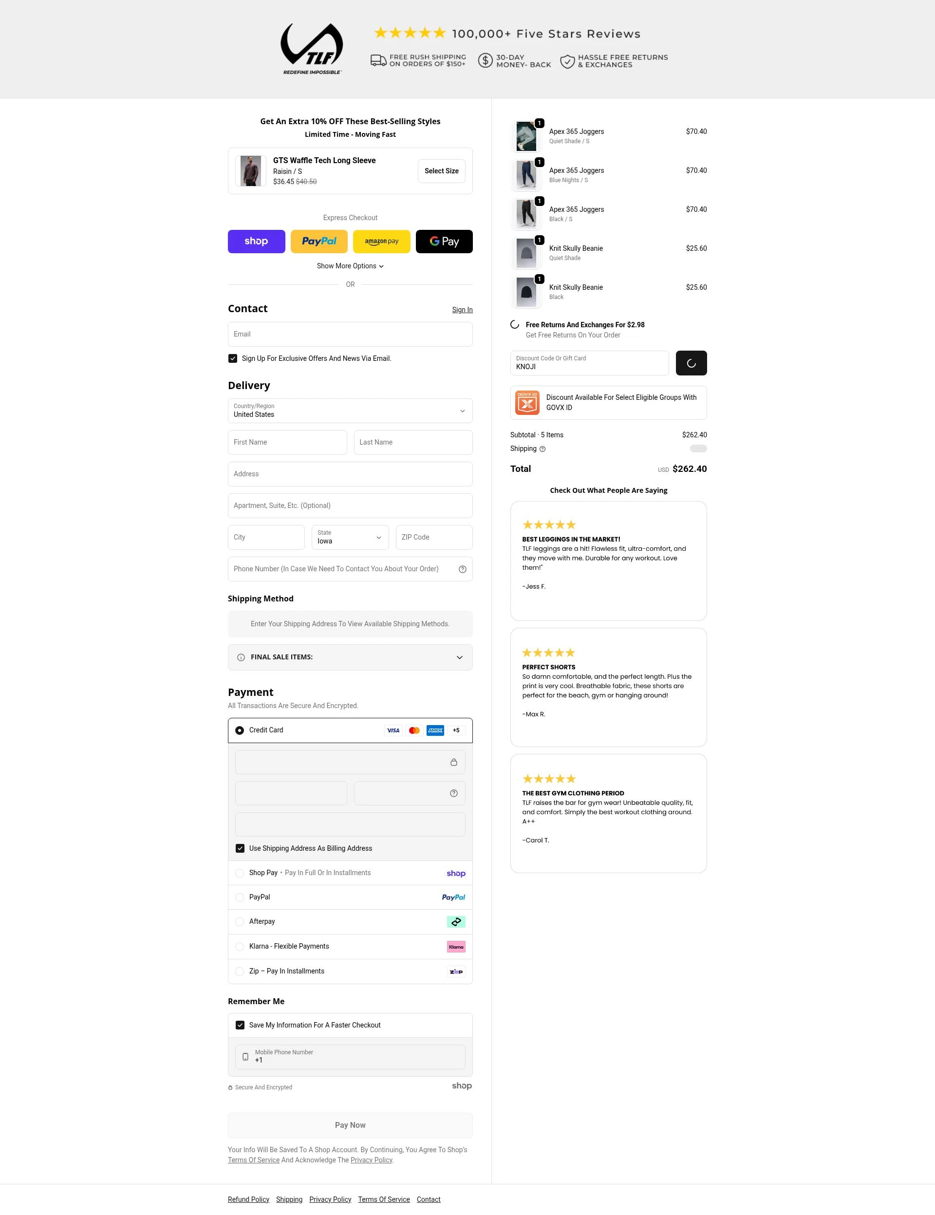 TLF Apparel checkout page showing TLF Apparel discount code box | Screenshot taken by SimplyCodes community member on Jan 24, 2026
