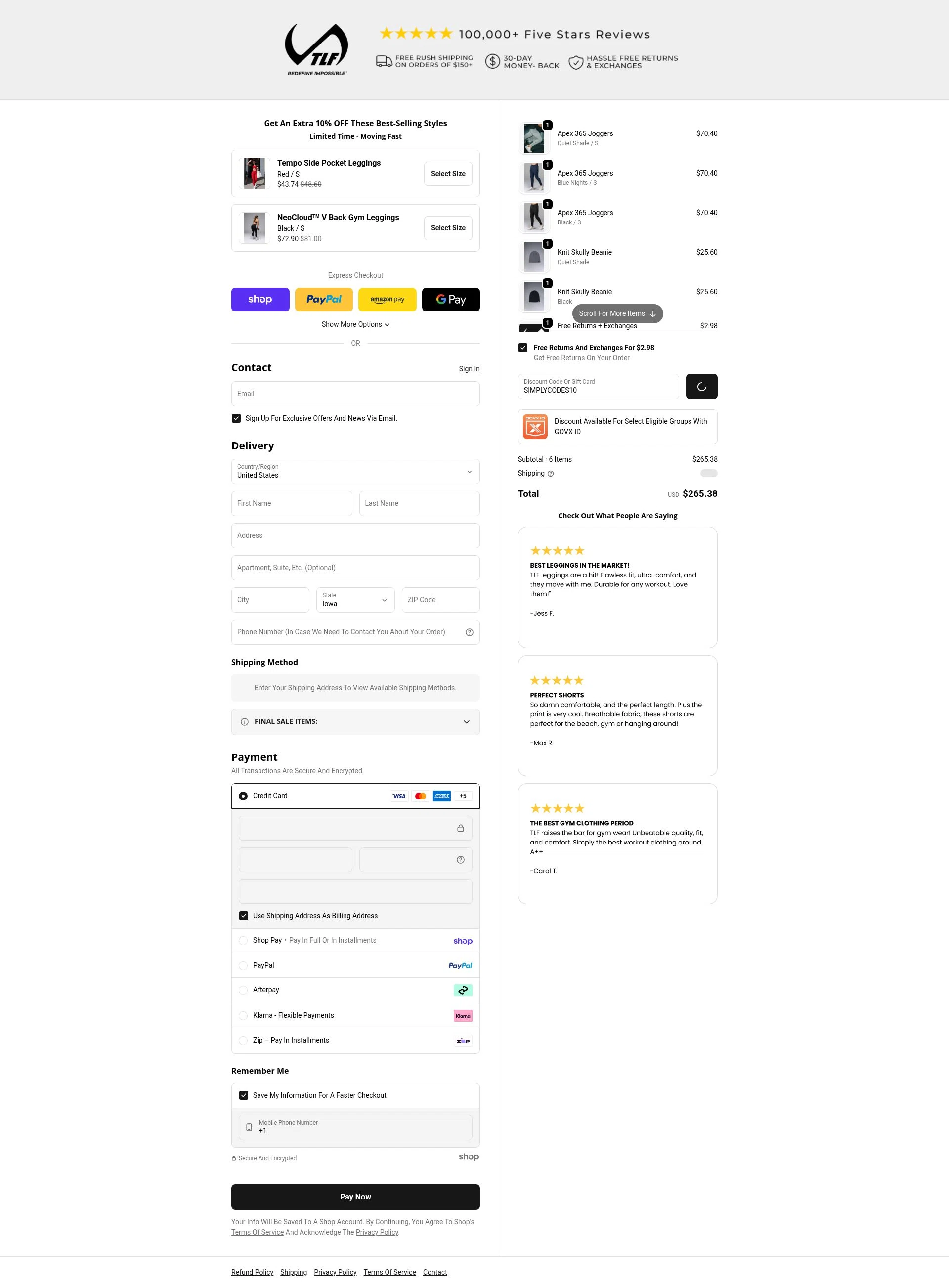 TLF Apparel checkout page showing TLF Apparel discount code box | Screenshot taken by SimplyCodes community member on Jan 29, 2026