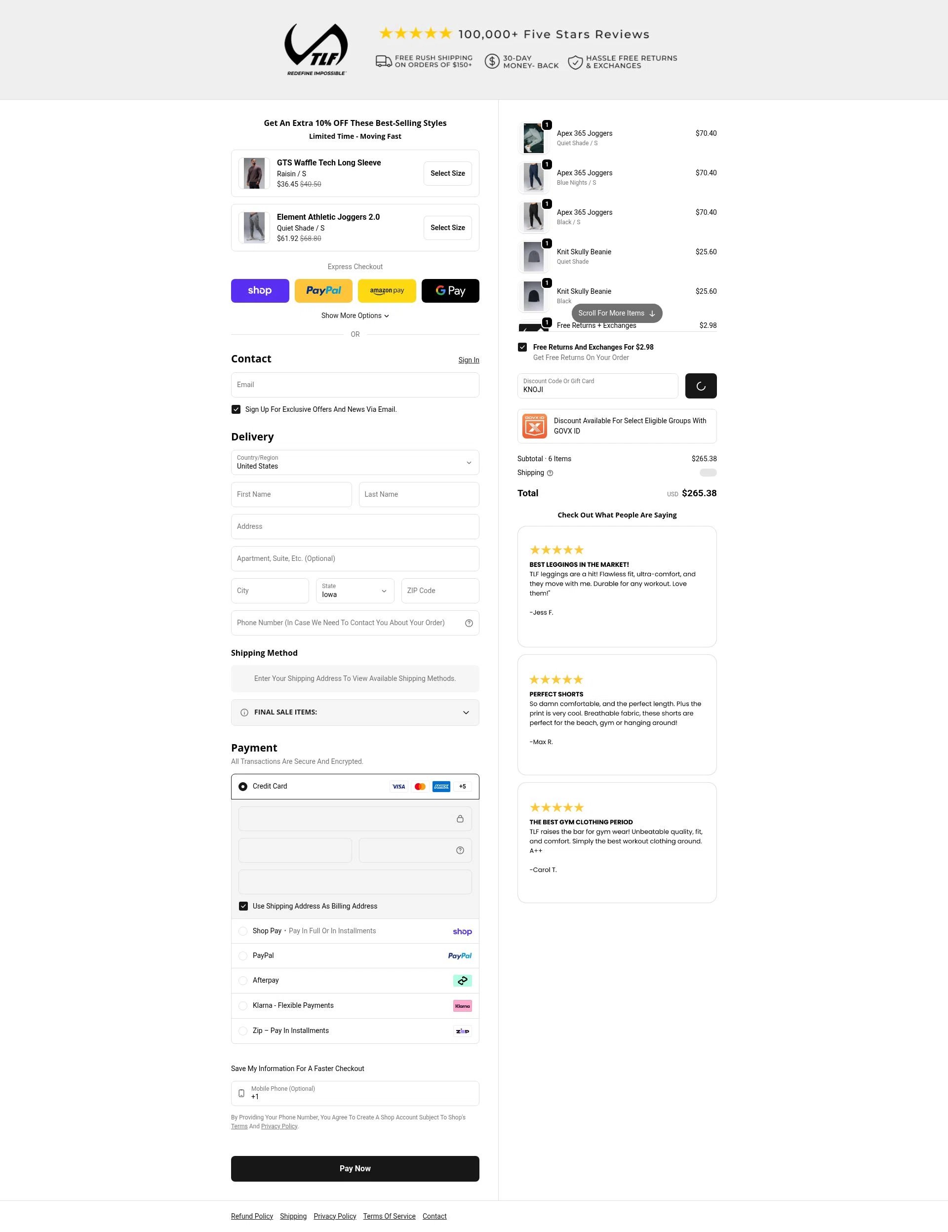 TLF Apparel checkout page showing TLF Apparel discount code box | Screenshot taken by SimplyCodes community member on Feb 2, 2026