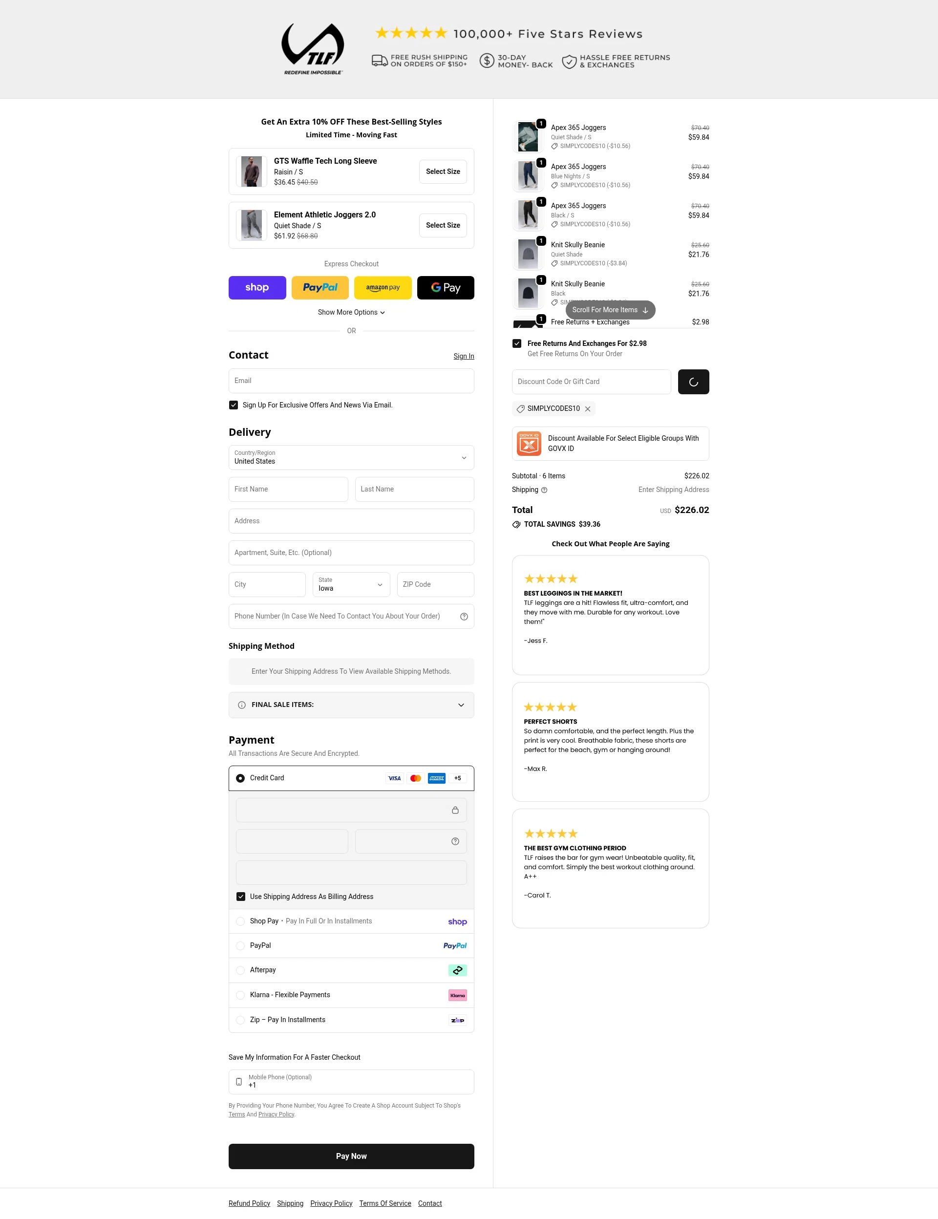 TLF Apparel checkout page showing TLF Apparel discount code box | Screenshot taken by SimplyCodes community member on Feb 2, 2026
