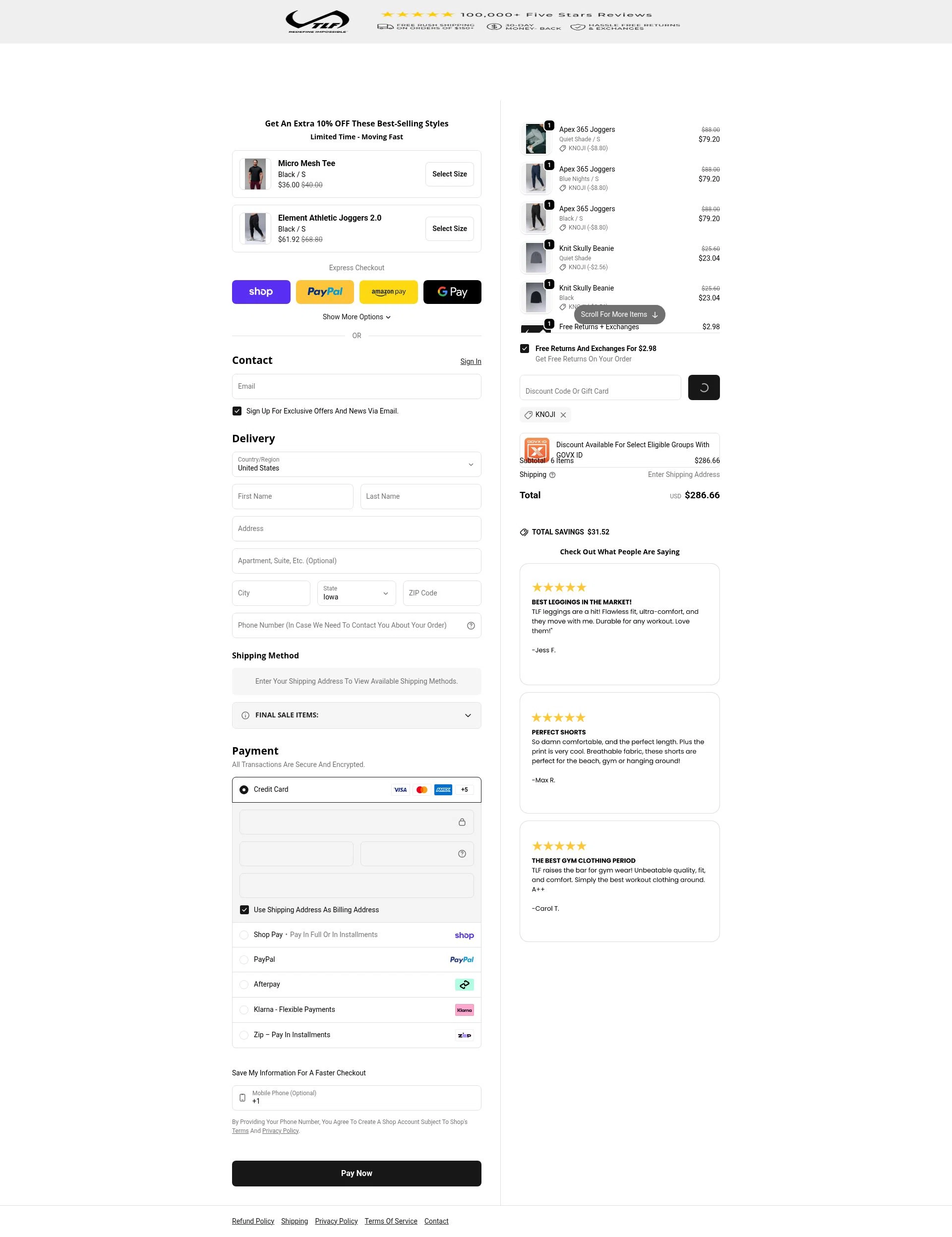 TLF Apparel checkout page showing TLF Apparel discount code box | Screenshot taken by SimplyCodes community member on Feb 6, 2026