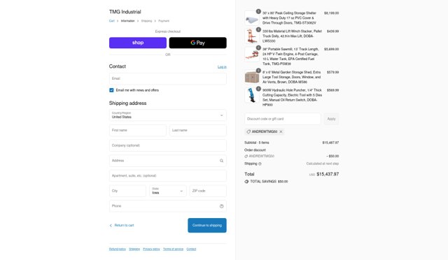 TMG Industrial checkout page showing TMG Industrial discount code box | Screenshot taken by SimplyCodes community member on Sep 4, 2025