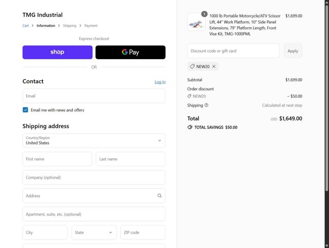 TMG Industrial checkout page showing TMG Industrial discount code box | Screenshot taken by SimplyCodes community member on Sep 4, 2025