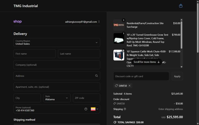 TMG Industrial checkout page showing TMG Industrial discount code box | Screenshot taken by SimplyCodes community member on Sep 4, 2025