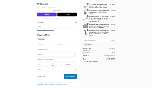 TMG Industrial checkout page showing TMG Industrial discount code box | Screenshot taken by SimplyCodes community member on Sep 4, 2025