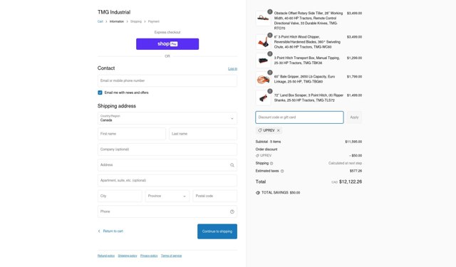 TMG Industrial CA checkout page showing TMG Industrial CA discount code box | Screenshot taken by SimplyCodes community member on Feb 27, 2025