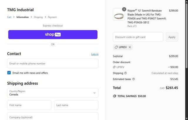 TMG Industrial CA checkout page showing TMG Industrial CA discount code box | Screenshot taken by SimplyCodes community member on Jun 6, 2025