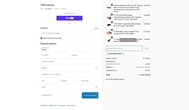 TMG Industrial CA checkout page showing TMG Industrial CA discount code box | Screenshot taken by SimplyCodes community member on Feb 27, 2025
