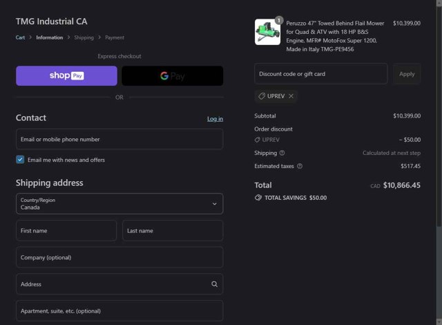 TMG Industrial CA checkout page showing TMG Industrial CA discount code box | Screenshot taken by SimplyCodes community member on Aug 18, 2025