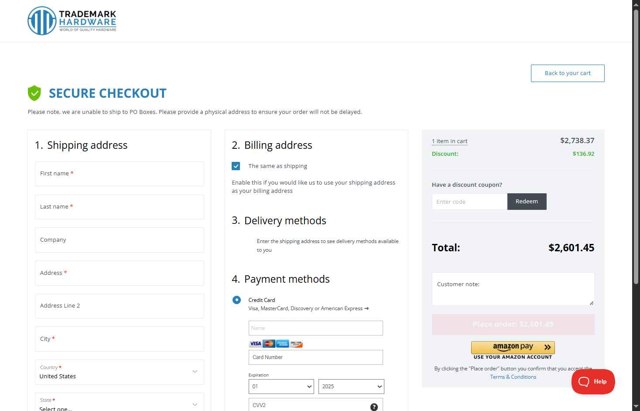 Trademark Hardware checkout page showing Trademark Hardware discount code box | Screenshot taken by SimplyCodes community member on Jun 11, 2025