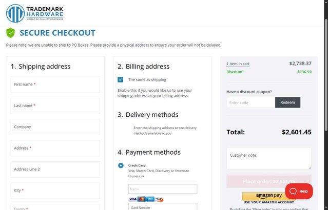 Trademark Hardware checkout page showing Trademark Hardware discount code box | Screenshot taken by SimplyCodes community member on Apr 23, 2025