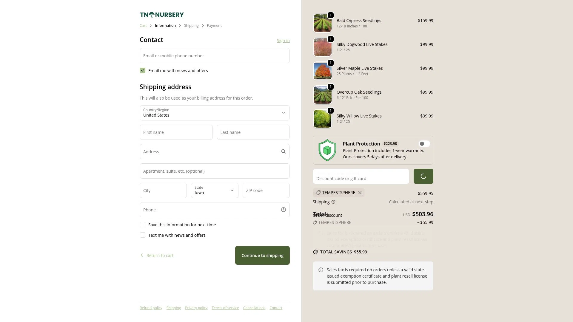 Tn Nursery checkout page showing Tn Nursery discount code box | Screenshot taken by SimplyCodes community member on Feb 5, 2026