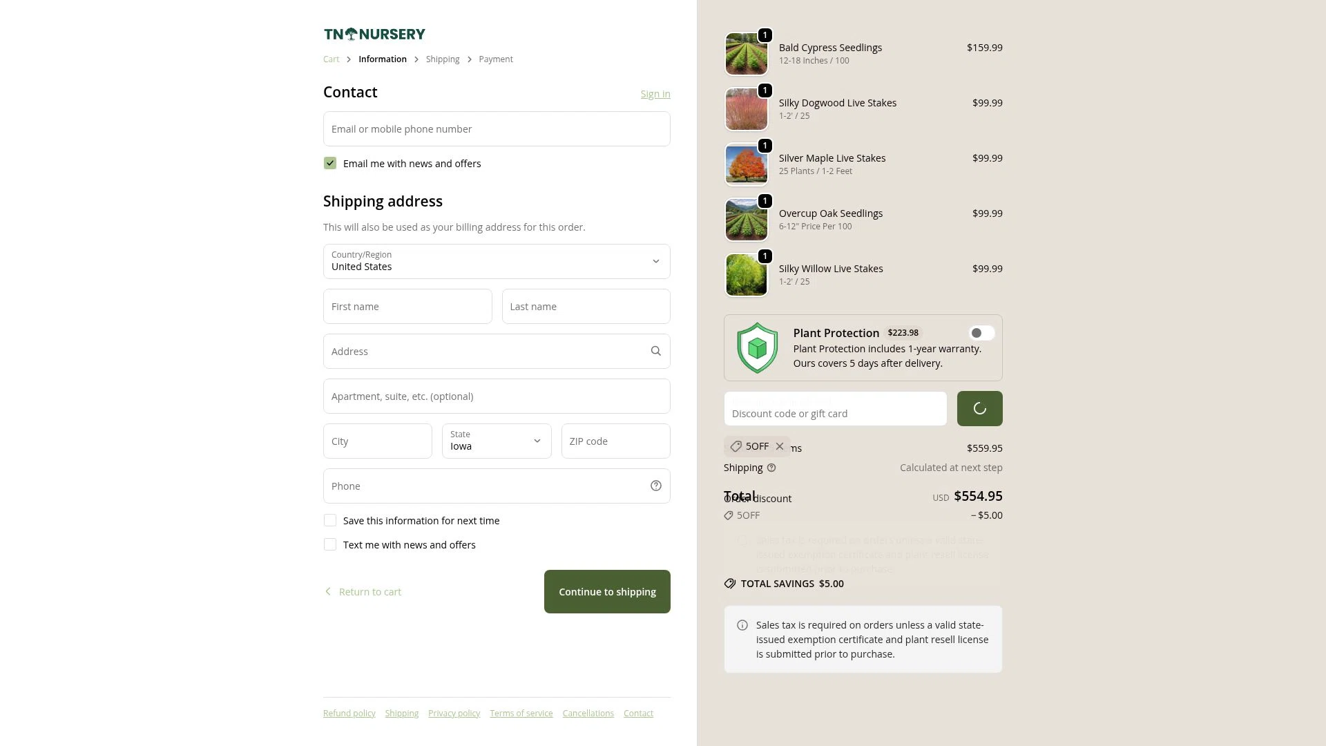 Tn Nursery checkout page showing Tn Nursery discount code box | Screenshot taken by SimplyCodes community member on Feb 5, 2026