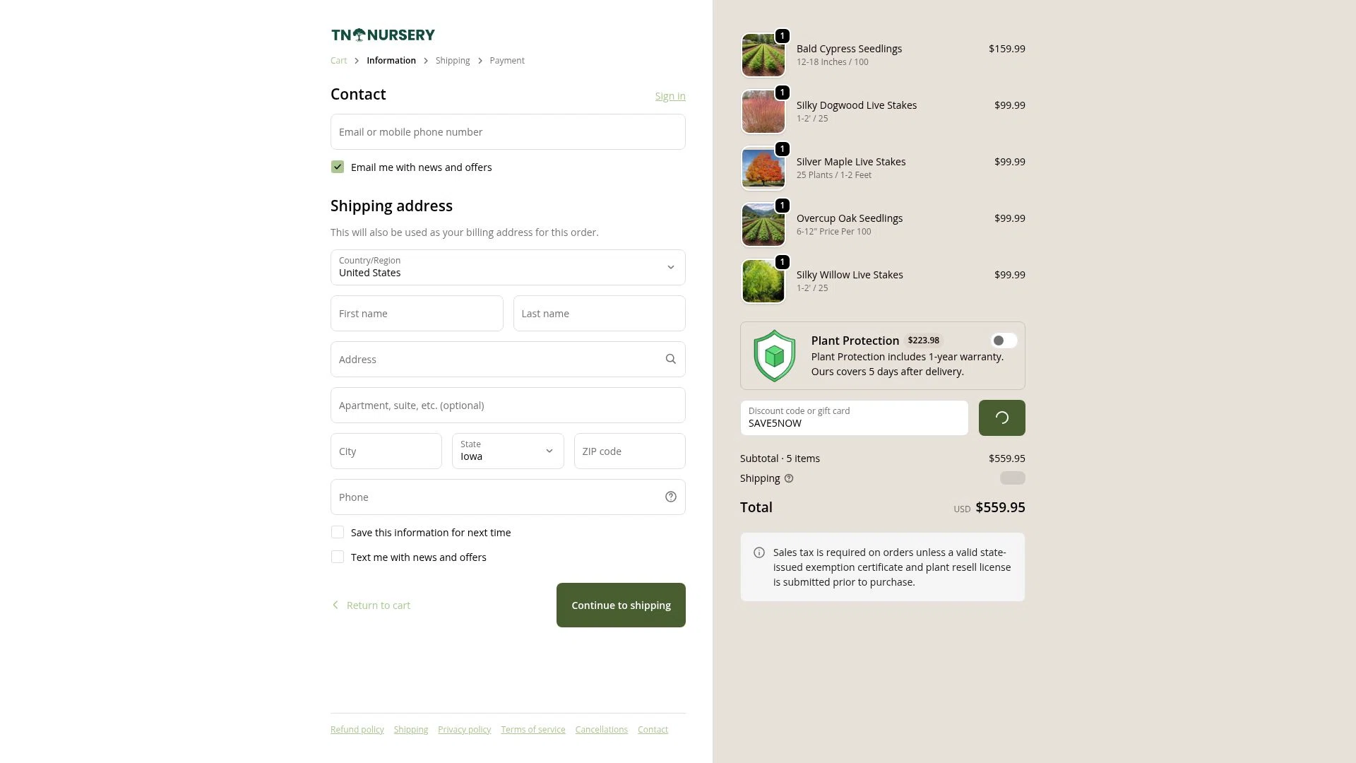 Tn Nursery checkout page showing Tn Nursery discount code box | Screenshot taken by SimplyCodes community member on Feb 5, 2026